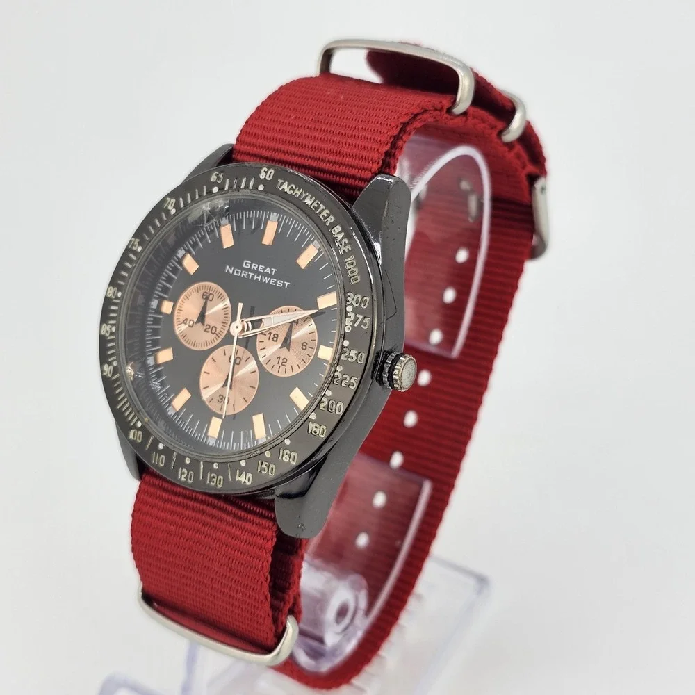 Great Northwest Men's Watch 42MM Black‎ Dial New Red Nylon Band New Battery